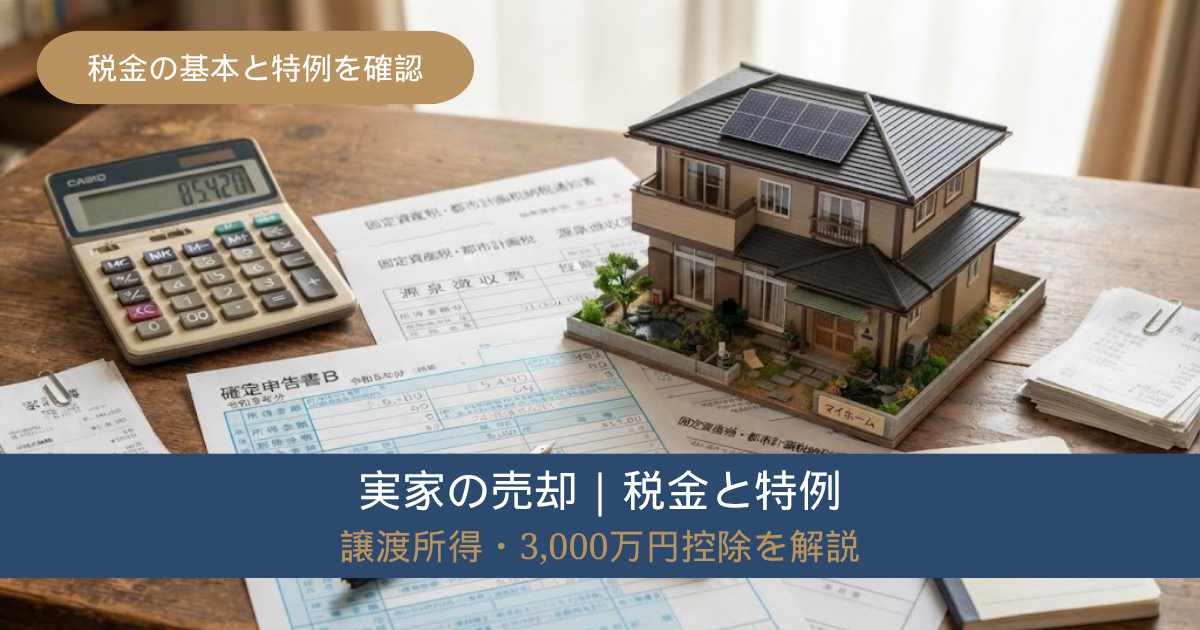 実家売却の税金を確認する電卓と住宅模型