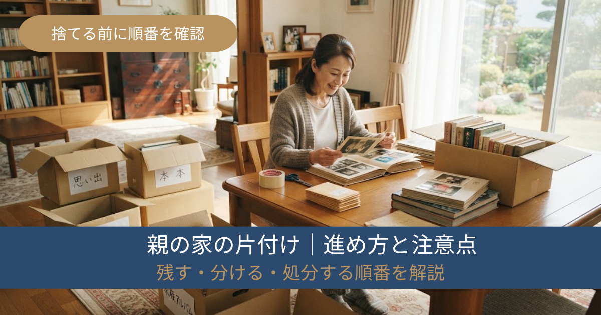 親の家で荷物を整理して片付ける様子